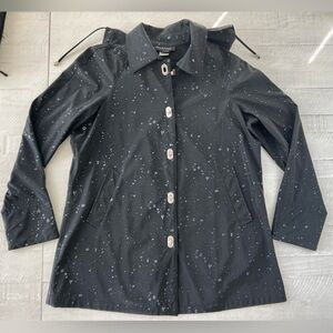 Women’s MYCRA PAC Raindrops Charcoal/black Rain coat with hood in size XL